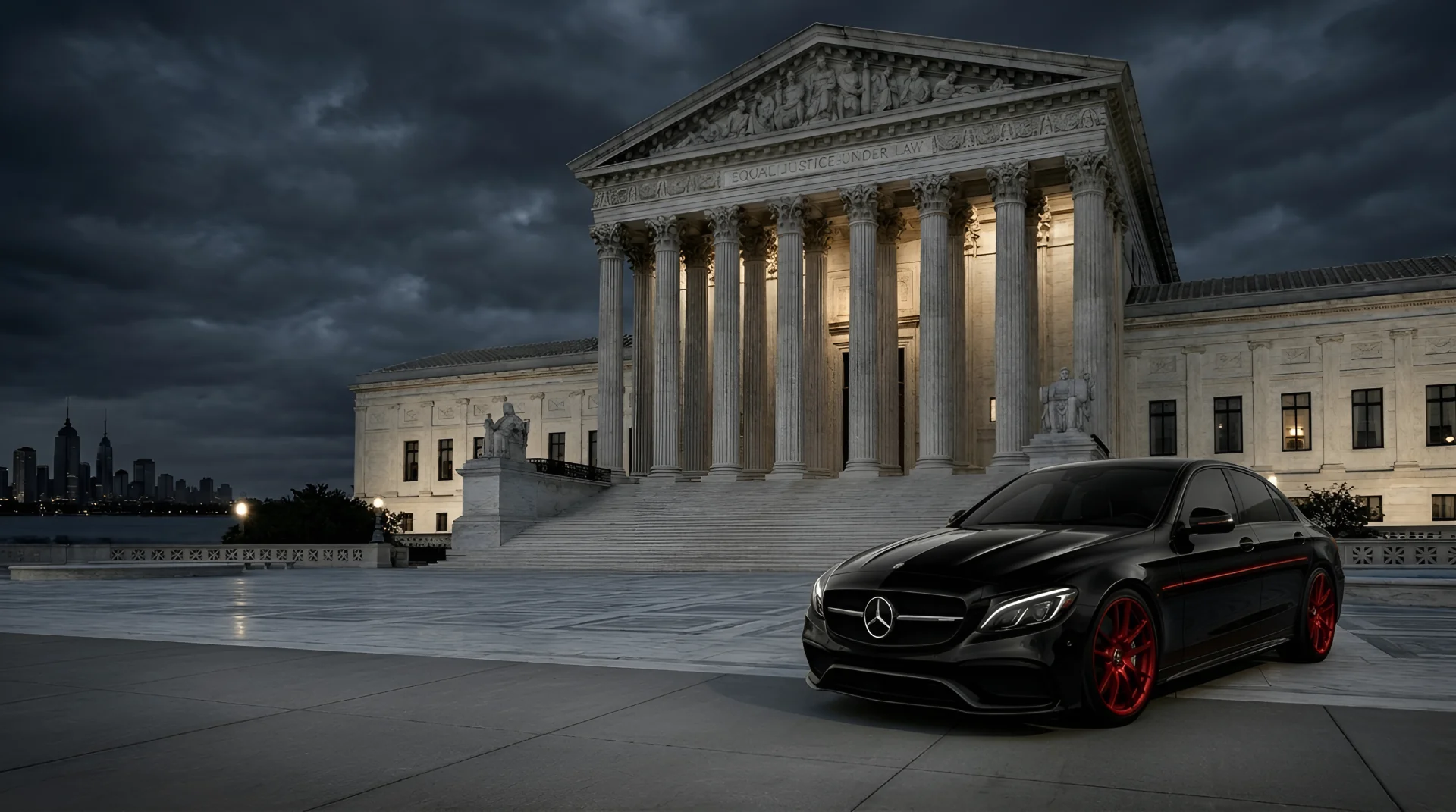 Black Mercedes-Benz outside a courthouse at dusk